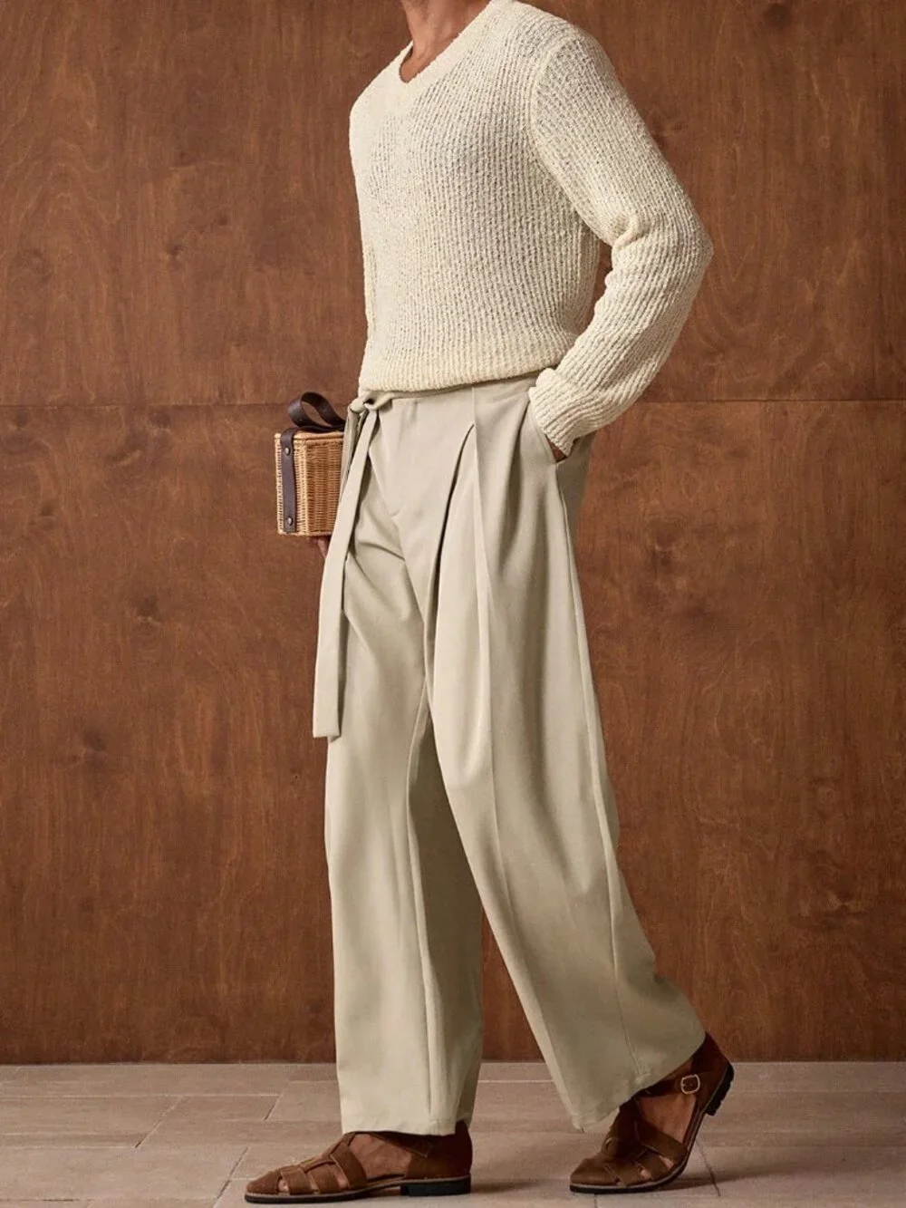 Apricot Casual Men's Ribbed V-Neck Long Sleeve Sweater